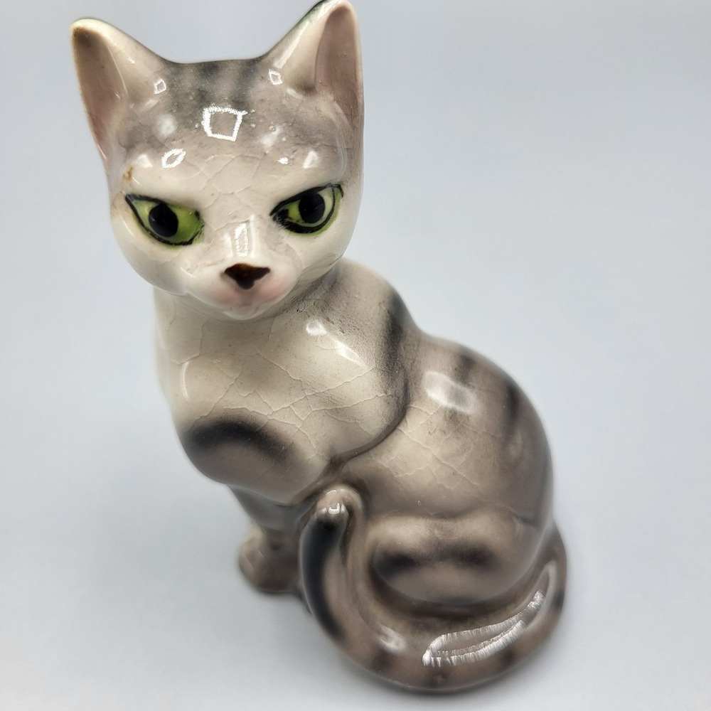 Vintage Ceramic Cat Kitten Figurine Gray Siamese Glossy Finish Shelf Decor
